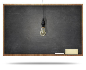 Fototapeta na wymiar Black blank blackboard with wooden frames and vintage lamp hanging