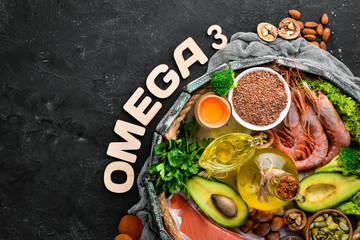 Food with natural vitamin Omega 3. Healthy food: fish, shrimp, broccoli, flax, nuts, egg, parsley....