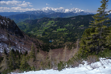 Beautiful view of Javorniski rovt and Julian alps from Konjske pecine