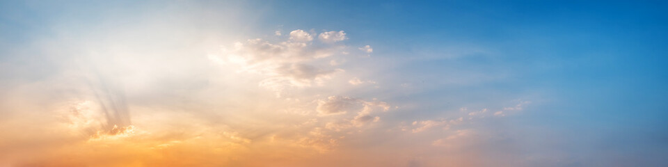 Dramatic panorama sky with cloud on sunrise and sunset time. Panoramic image.