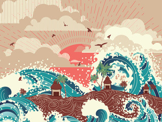 Retro sea waves and tropical island