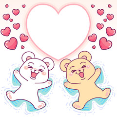 Cute bears, angels in the snow, heart frame