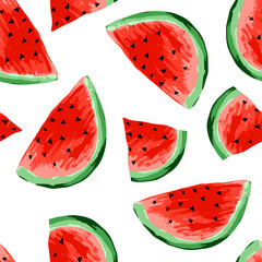 Seamless watermelons pattern. Slices of watermelon, berry background. Painted fruit, graphic art, cartoon. For the design of the fabric, print, wallpaper, wrapping. Vector illustration