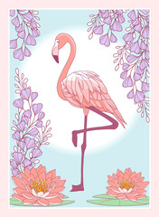 Elegant flamingo, waterlily flowers and pastel foliage