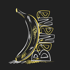Vector logo for Banana, decorative label with creative standing yellow plantain on black background, poster with modern chalk sketch with original lettering banana on blackboard. © mihmihmal