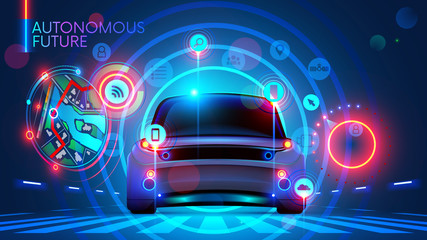 Autonomous Car on road wireless communication with smart city infrastructure. self driving or driverless vehicle technology concept. Future concept automated automobile on urban pedestrian crossing.