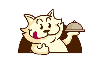 Cute cat serving food for pet cafe logo - vector mascot 