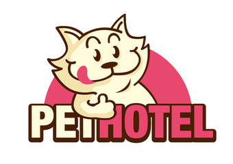 Cute cat shows good hand sign for pet hotel logo - vector mascot 