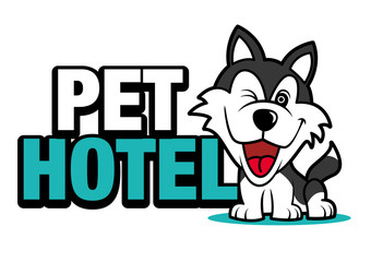 Cute husky dog with a big signboard, pet hotel vector illustration logo
