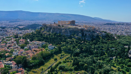 Fototapeta premium Aerial drone bird's eye view photo of iconic Acropolis hill, the Parthenon, Athens historic center, Attica, Greece