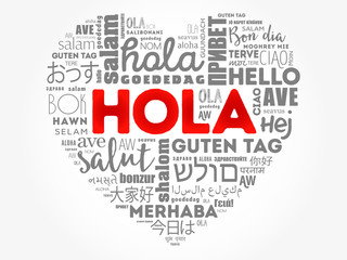 Hola (Hello Greeting in Spanish) love heart word cloud in different languages of the world