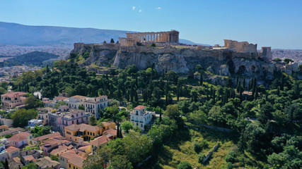 Fototapeta na wymiar Aerial drone bird's eye view photo of iconic Acropolis hill, the Parthenon, Athens historic center, Attica, Greece