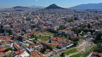 Aerial photo of iconic Ancient Roman Forum a true masterpiece in the heart of ancient Athens - Plaka picturesque district, Attica, Greece