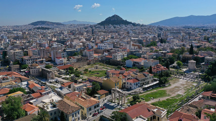 Obraz premium Aerial photo of iconic Ancient Roman Forum a true masterpiece in the heart of ancient Athens - Plaka picturesque district, Attica, Greece