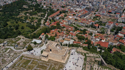 Aerial drone bird's eye view photo of iconic Acropolis hill, the Parthenon, Athens historic center, Attica, Greece