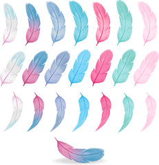 Colorful set of watercolor feathers in different shapes