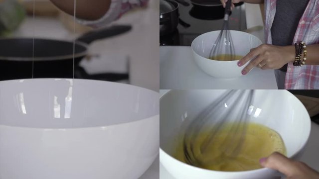 Collage of close up shots of young female hands smashing and mixing eggs. Cooking concept 