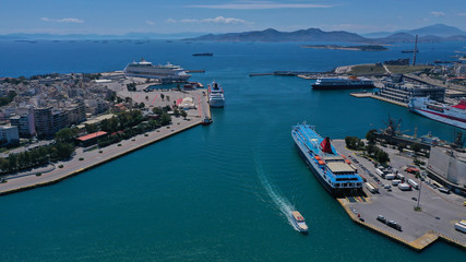 Fototapeta na wymiar Aerial drone bird's eye view of famous port of Piraeus one of the largest in Europe, Attica, Greece