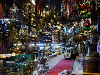 colorful shop insight with souvenirs and antiquities, Mutrah Souk (bazaar) in the old town of Muscat, Oman, Middle East