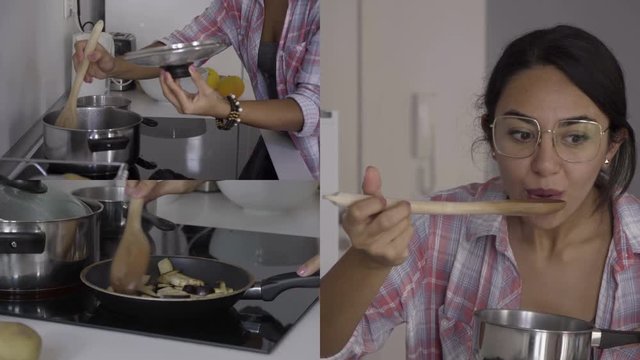 Collage of medium and close up shots of pretty young woman frying eggplants, boiling something, tasting. Cooking concept 