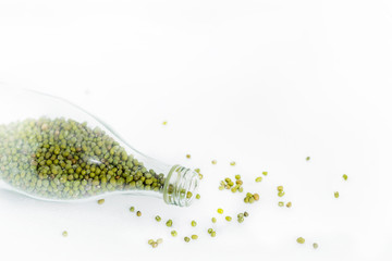 Green beans packed in clear glass bottles Place on a blank white background for text input.