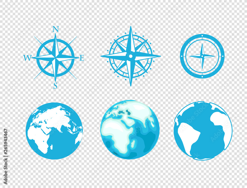Aufkleber globe and wind rose vector icons isolated on transparent background