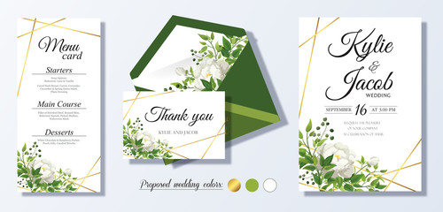 Fototapeta na wymiar Wedding Invitation, thank you, menu card. Floral design with green and gold watercolor leaves, white flower rose, foliage greenery decorative frame print. Vector elegant cute rustic greeting, invite.