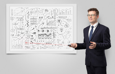 Professor with laser pointer teaching business theories