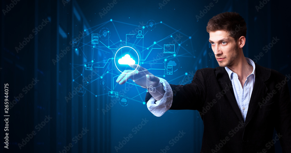 Aufkleber Man touching hologram projection displaying cloud system 
