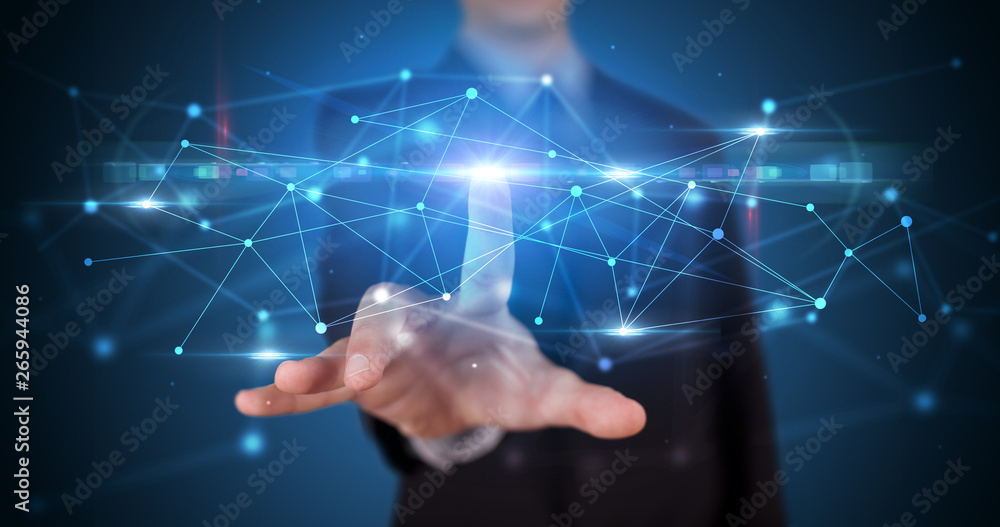Poster Man touching hologram screen displaying modern web system
