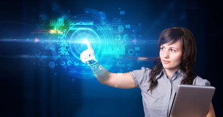 Woman touching hologram screen displaying medical symbols and charts
