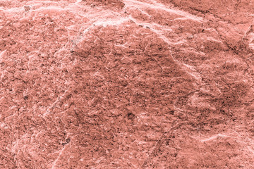 Vintage pink background. Rough painted wall of living coral color. Imperfect plane of beige colored. Uneven old decorative toned backdrop of beige tint. Texture of pink hue. Ornamental stony surface.