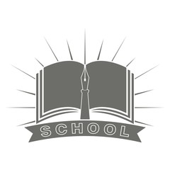 Black and white illustration in vector school logo. Book with feathers and banner with text