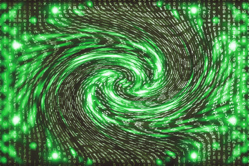 Green matrix digital background. Distorted cyberspace concept. Characters fall down in wormhole. Hacked matrix. Virtual reality design. Complex algorithm data hacking. Green digital sparks.