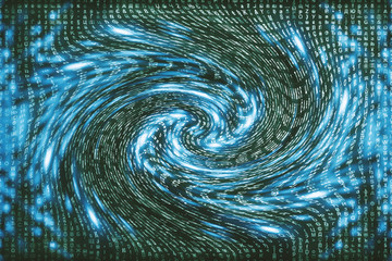 Blue matrix digital background. Distorted cyberspace concept. Characters fall down in wormhole....