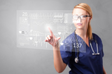 Doctor touching hologram screen displaying healthcare running symbols
