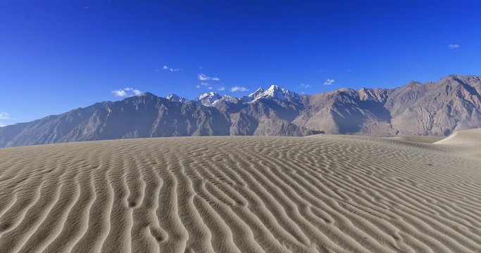 Hunder sand dunes in Ladakh near Leh in Himalaya mountains, northern India. Beautiful nature landscape and travel destinationd for many tourists