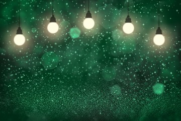 Fototapeta na wymiar teal, sea-green pretty shiny glitter lights defocused light bulbs bokeh abstract background with sparks fly, holiday mockup texture with blank space for your content