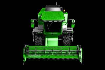 industrial 3D illustration of huge cg green rye agricultural combine harvester top view isolated on black