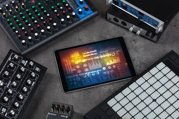 Electronic music instruments, microphone, piano, consoles and tablet with reports concept
