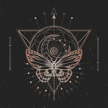 Vector illustration with hand drawn butterfly and Sacred geometric symbol on black vintage background. Abstract mystic sign.