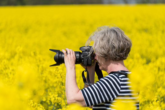 Fotografin mitten in einem Rapsfeld in voller Bl&uuml;te im Fr&uuml;hjahr