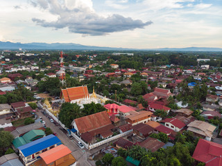 Thai public temple with street market at Asian countryside