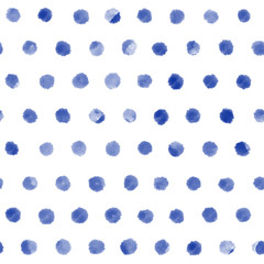 Seamless pattern with blue watercolour dots on white background 