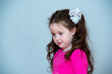 Portrait of a beautiful girl 4-5 years old. Beautiful, healthy, natural hair of dark chestnut color.