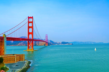 View of Golden Gate Bridge in San Francisco on a sunny day.