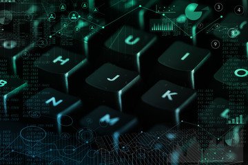 Close-up dark keyboard with contacts and online management concept
