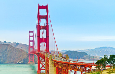 View of Golden Gate Bridge in San Francisco on a sunny day.