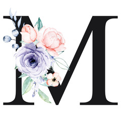 Floral alphabet, letter M with watercolor flowers and leaf. Black monogram initials perfectly for wedding invitation, greeting card, logo, poster and other. Holiday design hand drawn.