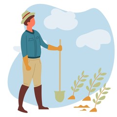 Farm garden farmer with spade or shovel and vegetables sprouts